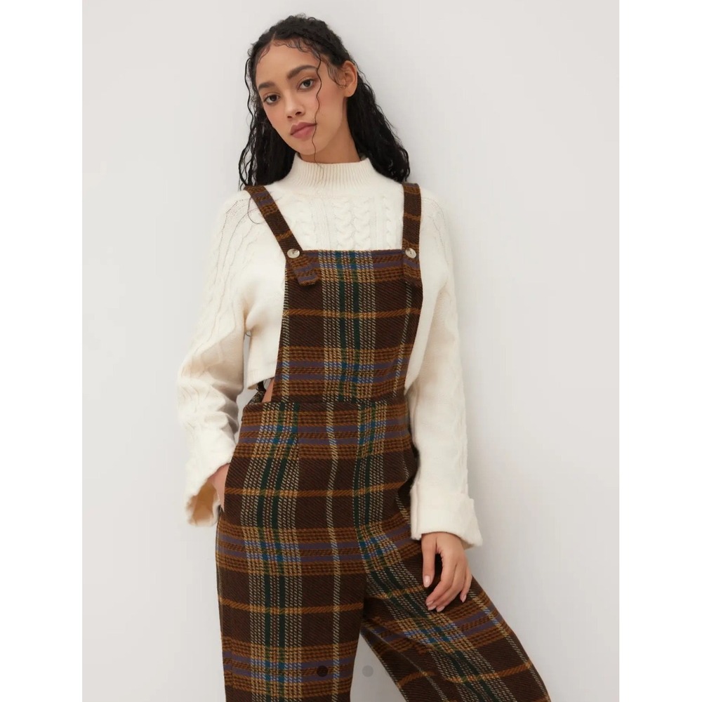 NWT Cider Womens Sz Medium Tweed Plaid Blue & Brown Wide Leg Button Up Overall